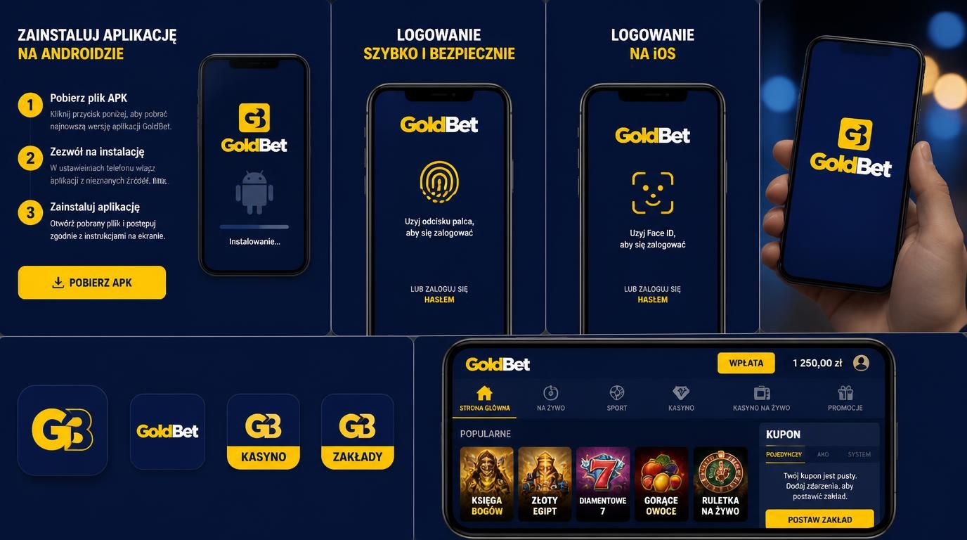 Interfejs aplikacji mobilnej Goldbet pokazuje logowanie, instalację i biometrię