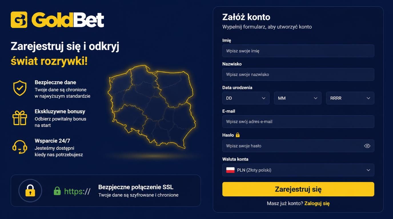  Formularz rejestracji konta z zaznaczonymi danymi osobowymi, symbolem bezpieczeństwa SSL i flagą Polski 