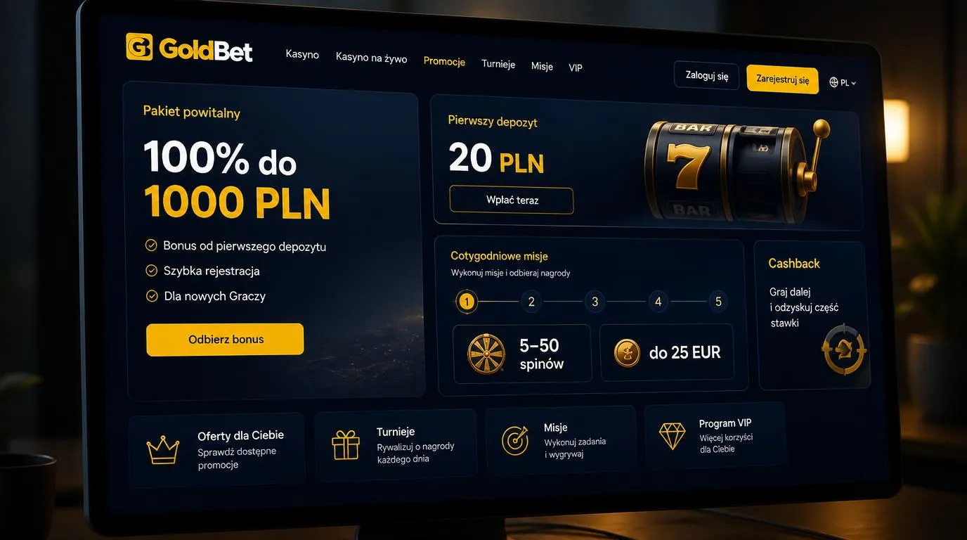 Ekran promocji kasyna z bonusem powitalnym 100% do 1000 PLN, wpłatą od 20 PLN i cotygodniowymi misjami